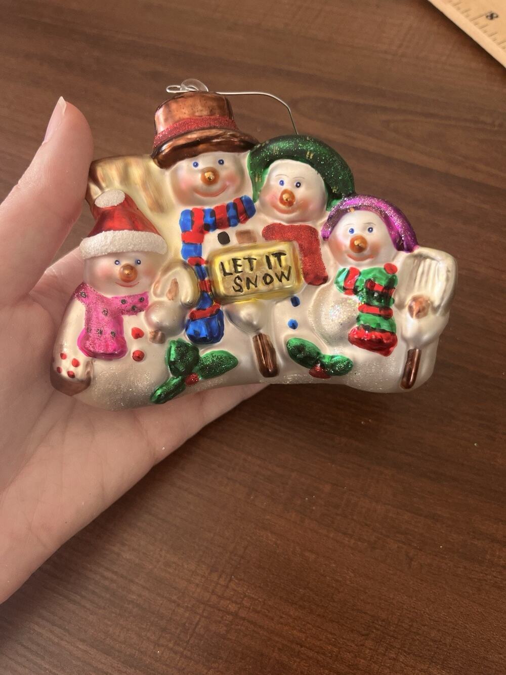 Vintage Glass Snowmen Family Christmas Ornament Let It Snow Hand Painted